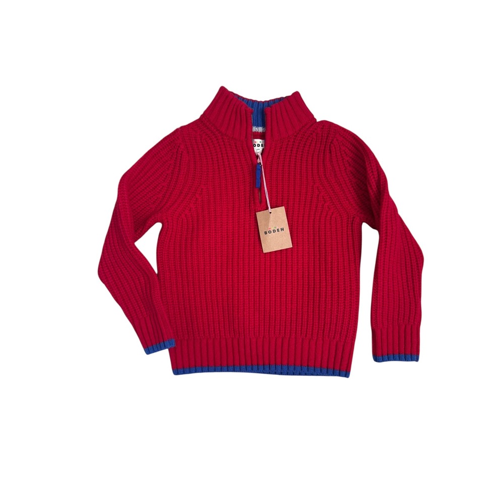 Mini Boden Boys Red Wool Blend Ribbed Quarter‎ Zip Sweater B2509 PNT 5-6Y NEW